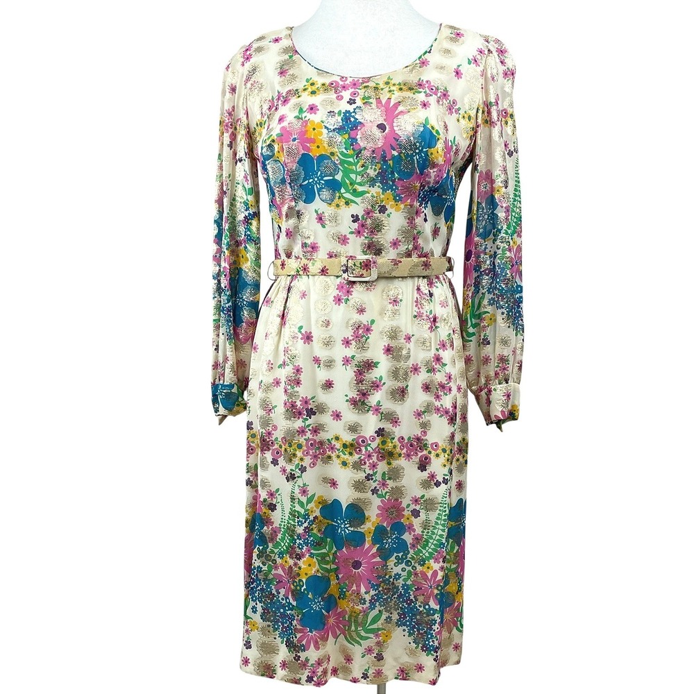 Vintage 60s Womens (M) Dress Floral Gold Metallic Fairy Cocktail Party USA ILGWU